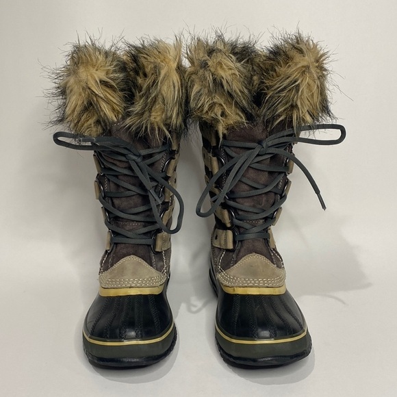 SOREL JOAN OF ARCTIC SNOW BOOTS FAUX FUR WATERPROOF BLACK & TAUPE WOMEN’S SZ 5 - Picture 1 of 10